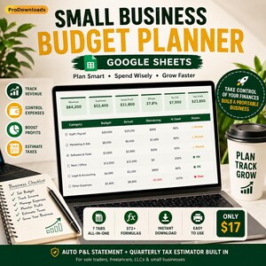 May include: A laptop screen shows a budget planner spreadsheet with financial data. A notepad with a checklist and a pen are on the left. A coffee cup with "Plan Track Grow" is on the right. The image promotes a small business budget planner.