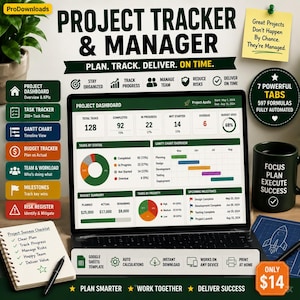 Op de afbeelding: Een laptop toont een projectmanagement dashboard met grafieken en gegevens. Het scherm toont taakvoortgang, budgetoverzichten en aankomende mijlpalen. Een mok met "Focus Plan Execute Success" staat naast de laptop.