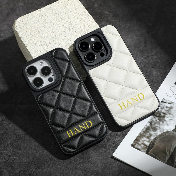 Black & White Lattice Personalized  Leather Phone Case, Custom Monogram initial iPhone 15 14 13 12 11 Pro Max, Engraved Leather Phone Case
