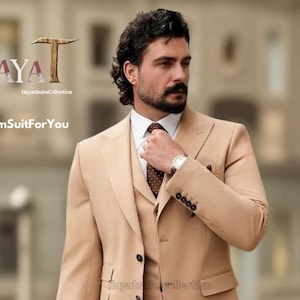 Luxury Men’s Light Brown 3 Piece Suit | Custom-Tailored Wedding & Formal Wear | Perfect for Grooms, Events and Dinners |