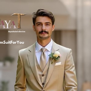 Men&#39;s Beige 3 Piece Suit | Custom-Tailored Wedding & Formal Wear | Perfect for Grooms, Events and Dinners |