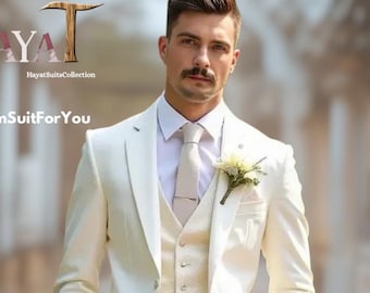 Men's Luxury White 3-Piece Suit | Custom-Tailored Wedding & Formal Wear Suits | Perfect for Grooms, Events and Dinners | Elegant Gift