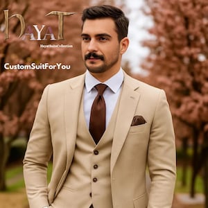 Men&#39;s Beige 3-Piece Suit | Custom-Tailored Wedding & Formal Wear | Perfect for Grooms, Events and Dinners | Red-wine Suits