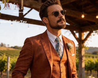 Costume 3 pièces lin orange rouille : tenue de cérémonie et de mariage sur mesure tenue de garçon d'honneur et d'anniversaire