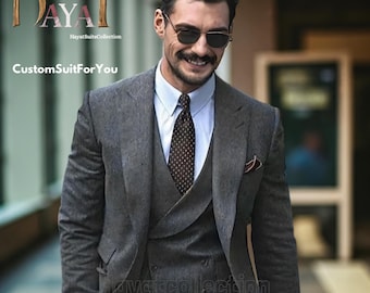 Men's Grey Tweed Suit: Custom Tailored 3-Piece Wedding Formal Groom Suits