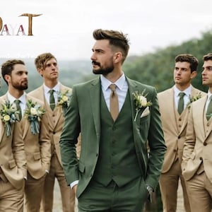 May include: A group of men in suits, with one man in a green suit and the others in tan suits. The green suit has a matching vest and a tan tie. The tan suits have green ties. All are wearing brown dress shoes.