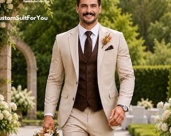 Men's Beige 3-Piece Suit: With Brown Vest Custom Tailored Wedding & Formal Wear Attire