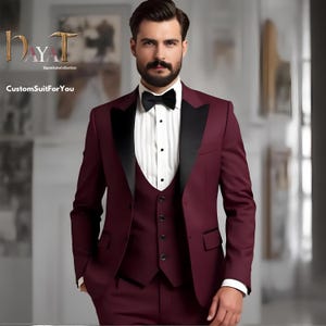 Men&#39;s Maroon Tuxedo 3-Piece Suit | Custom-Tailored Wedding & Formal Wear | Perfect for Grooms, Events and Dinners | Elegant Gift for him