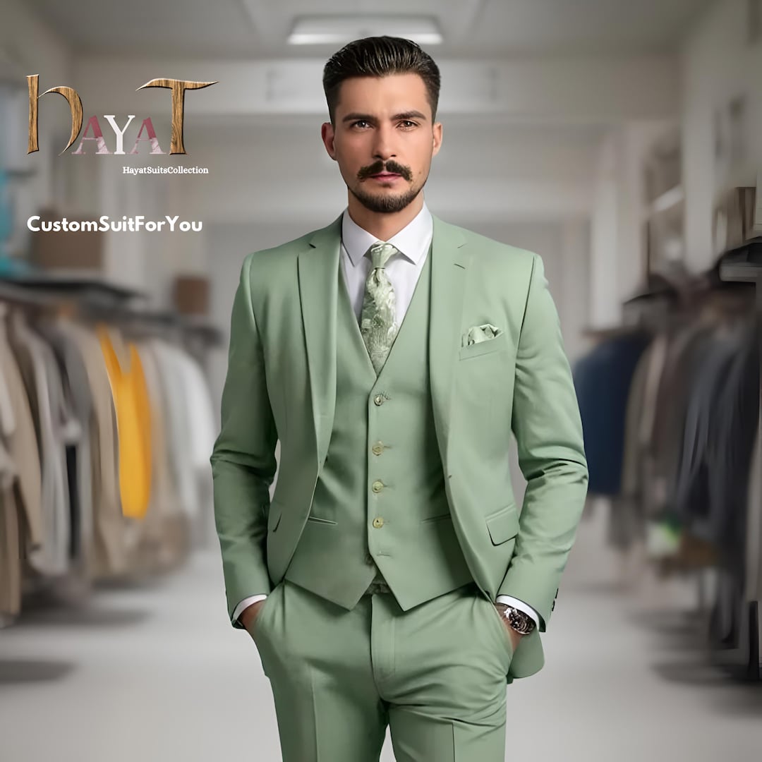 Men's Solid Light Green - Sage - Pieces Vested Suit