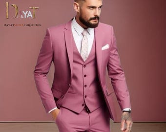 Traje rosa oscuro de tres piezas para hombre: boda, padrinos de boda, atuendo de novio