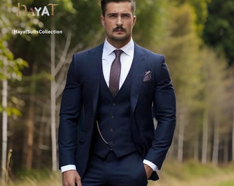 Men's Navy Blue 3-Piece Suit: Custom Tailored Wedding Formal Groomsman Attire