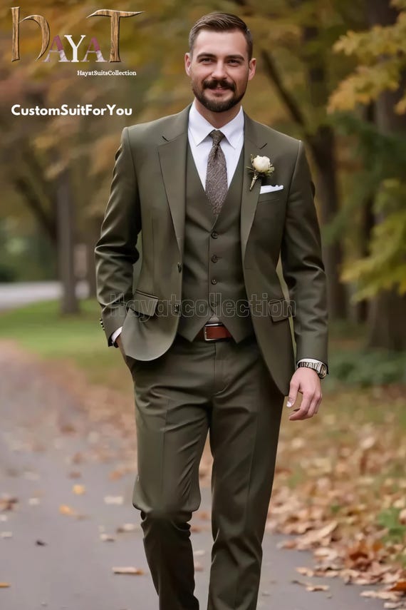 Men's Olive Green 3-Piece Suit: Custom Tailored Wedding Attire Groom Dress