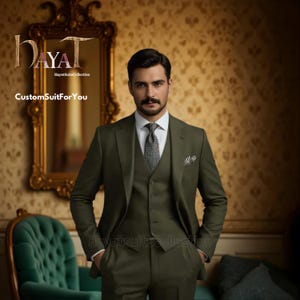 Men’s Olive Green 3-Piece Suit | Custom-Tailored Wedding & Formal Wear | Perfect for Grooms, Events and Dinners |