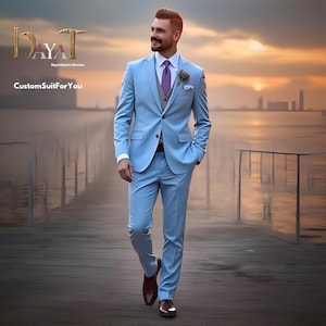 Men&#39;s Sky Blue 3-Piece Suit: Custom-Tailored Wedding & Formal Wear Groom Attire