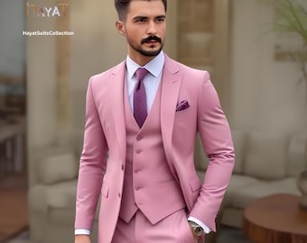 Traje rosa de tres piezas a medida para hombre: Trajes de novio para bodas y eventos formales