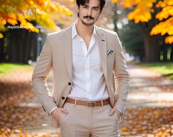 Traje beige para hombre: Traje de novio a medida para bodas y ocasiones formales.
