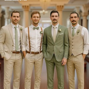 Dwuczęściowy garnitur męski w kolorze szałwiowo-beżowym: szyty na miarę, strój pana młodego