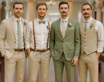 May include: Four men in tailored suits, ideal for a wedding or formal event. The suits are in shades of beige and green, with matching ties and pocket flowers. The image includes the text "CustomSuitForYou" and "HayatSuitsCollection".