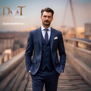 Men's Navy Blue 3-Piece Suit | Custom-Tailored Wedding & Formal Wear | Perfect for Grooms, Events and Dinners | Elegant Gift for him