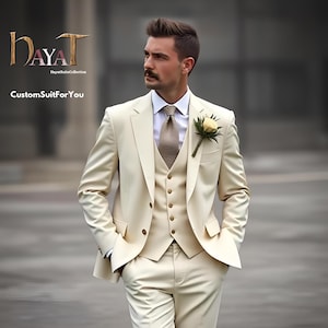 Men&#39;s Cream 3-Piece Suit | Custom-Tailored Wedding & Formal Wear | Perfect for Grooms, Events and Dinners | Elegant Gift for him