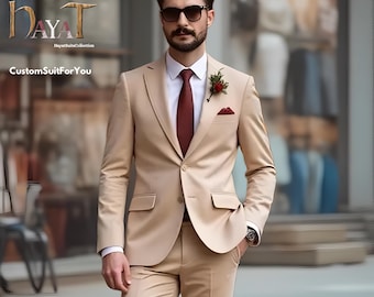 Traje beige para hombre: Traje de dos piezas a medida para bodas y ocasiones formales.