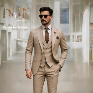 Men&#39;s Beige 3-Piece Suit | Custom-Tailored Wedding & Formal Wear | Perfect for Grooms, Events and Dinners | Elegant Gift for him