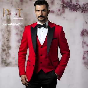 Men&#39;s Red Tuxedo 3-Piece Suit | Custom-Tailored Wedding & Formal Wear | Perfect for Grooms, Events and Dinners | Elegant Gift