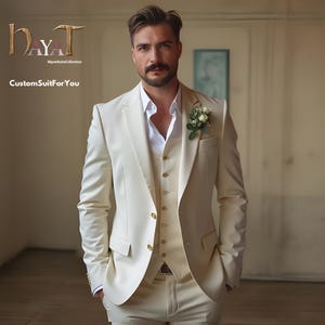Men&#39;s Ivory 3-Piece Suit | Custom-Tailored Wedding & Formal Wear | Perfect for Grooms, Events and Dinners | Elegant Gift for him