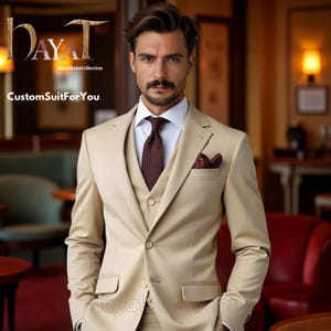 Men&#39;s Beige 3-Piece Suit | Custom-Tailored Wedding & Formal Wear | Perfect for Grooms, Events and Dinners | Red-wine Suits