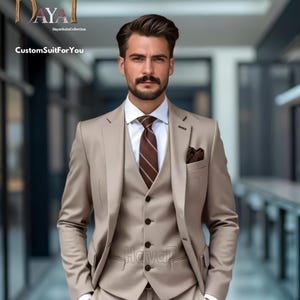 Men&#39;s Beige 3-Piece Suit | Custom-Tailored Wedding & Formal Wear | Perfect for Grooms, Events and Dinners | Elegant Gift