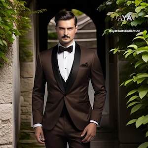 Men&#39;s chocolate Brown Tuxedo 3 Piece Suit | Custom-Tailored Wedding & Formal Wear | Perfect for Grooms, Events and Dinners | Elegant