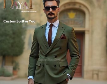 メンズ プレミアム ダークグリーン 2 ピース ダブルブレスト スーツ