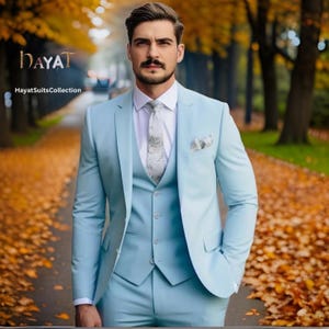 Men&#39;s Sky Blue 3-Piece Suit: Custom Tailored Wedding Formal Bespoke Attire