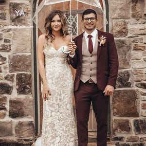 Men&#39;s Wine Tweed 3-Piece Suit | Custom-Tailored Wedding & Formal Wear | Perfect for Grooms, Events and Dinners | Elegant Gift for him