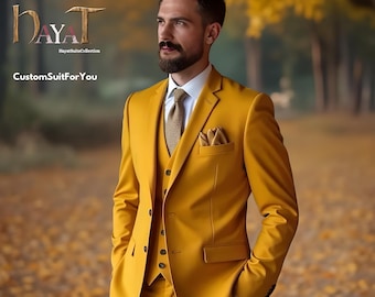 Men's Mustard Yellow 3-Piece Suit: Custom-Tailored Wedding & Formal Wear Groom Suits