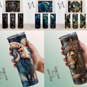Paquete Zodiac 20 oz Diseño de sublimación de vaso delgado, descarga digital, envoltura de vaso recto y cónico PNG