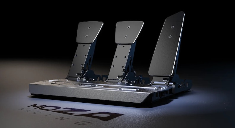 May include: A set of three black racing pedals with a silver base. The pedals are labeled with the word "MOZA" in black lettering.