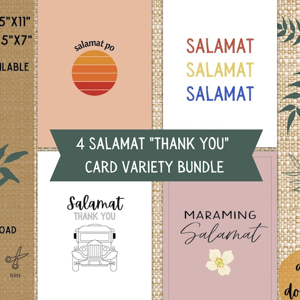 4 Printable Filipino Salamat Thank You Cards Bundle | Instant Download | Digital Download | Printable | Pilipino filipino Pinoy Pinay card