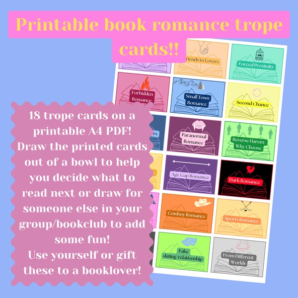 Printable Romance Trope Cards, Romance Book Lucky Dip Cards