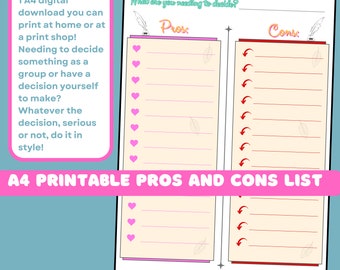Fun Pros And Cons Printable List Cute Pros And Cons Printable Sheet Fun Decision Making Printable Page Household A4 Pros And Cons List