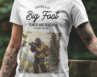 Big Foot Sasquatch Cryptid Funny shirt, vintage retro comic style, Search and rescue, nature outdoors hiking camping, folklore tales myths