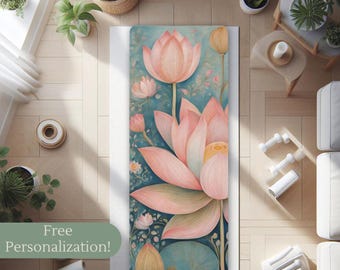 Tapete de Yoga Híbrido com Estampa de Flor de Lótus, Ideal para Treinos em Estúdio de Hot Yoga, Design Gráfico, Acessório para Pilates, Tapete Personalizado com Nome para Instrutor de Yoga e Presente para Ioga