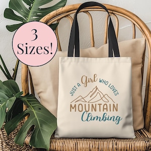 登山が大好きな女の子のためのトートバッグ。登山愛好家へのギフト。アウトドア用再利用可能バッグ。女性用ロッククライマーギフト。アウトドア好きの女の子への誕生日プレゼント。