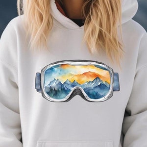 Ski Goggles Sweatshirt Watercolor Ski Goggle Hoodie Snowboarding Sweatshirt Skier Gift Ski Resort Hoodie Winter Sport Pullover