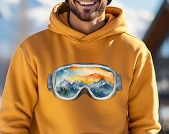 Ski Goggles Sweatshirt Watercolor Unisex Ski Goggle Hoodie Men's Snowboarding Sweatshirt Skier Gift Ski Resort Hoodie Winter Sport Pullover