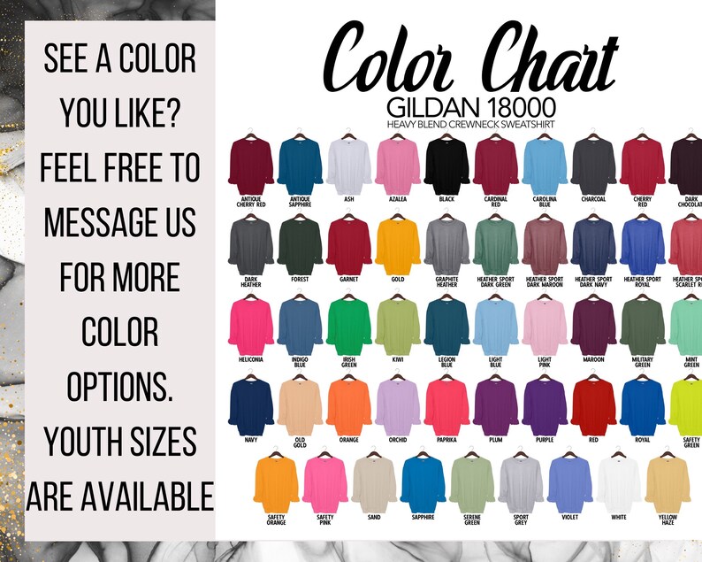 Pode incluir: Tabela de cores de camisolas de gola redonda Gildan 18000 de mistura pesada em v&aacute;rias cores, incluindo Antique Cherry Red, Ash, Black, Carolina Blue e Navy. Tamanhos juvenis dispon&iacute;veis. Contacte-nos para mais op&ccedil;&otilde;es de cores.
