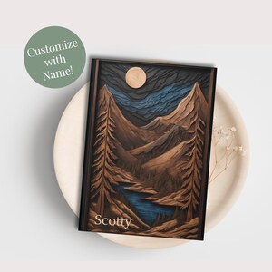 May include: A personalized wood-carved notebook with a mountain scene and a full moon. The name "Scotty" is engraved on the front cover.