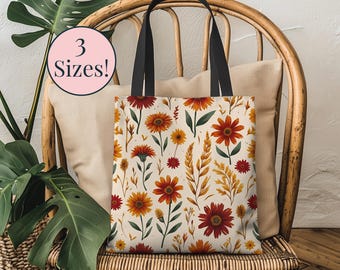Fall Wildflower Tote Autumn Pressed Leaves and Flower Reusable Bag Fall Teacher Tote Bag Trendy Seasonal Tote Hip Fall Birthday Gift for her