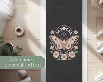 Boho Celestial Yoga Mat Microfiber Hot Yoga Mat Vintage Moth Moon Phase Gym Mat Custom Name Pilates Workout Gift Yoga Studio Gift