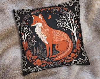 Travesseiro e fronha de arte popular da Fox, presente de conto de fadas de outono, travesseiro sazonal, almofada de sofá de Halloween, presente de inauguração de casa gótico de outono